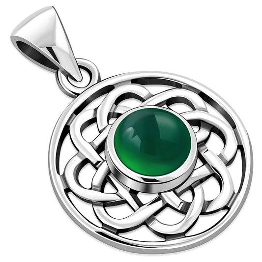 Green Agate Round Celtic Knot Silver Pendant