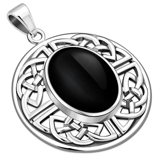 Round Celtic Knot Silver Pendant w/ Black Onyx