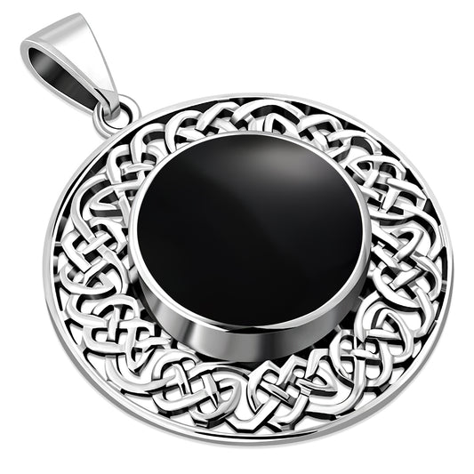 Round Celtic Black Onyx Silver Pendant