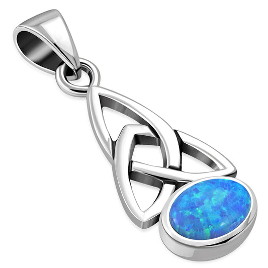 Synthetic Azure Blue Opal Celtic Trinity Knot Silver Pendant