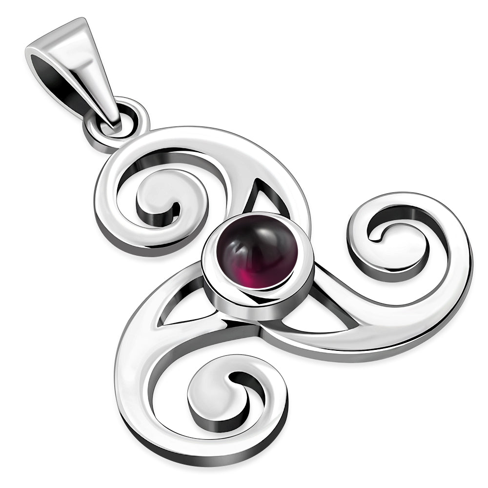 Triskele Triple Spiral Silver Pendant set w/ Garnet