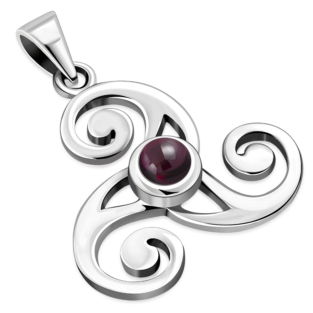 Triskele Triple Spiral Silver Pendant set w/ Garnet