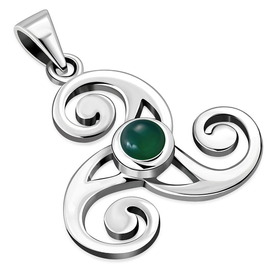 Green Agate Celtic Triskele Triple Spiral Silver Pendant
