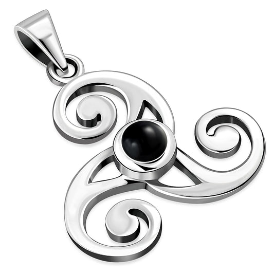 Black Onyx Celtic Triskele Triple Spiral Silver Pendant