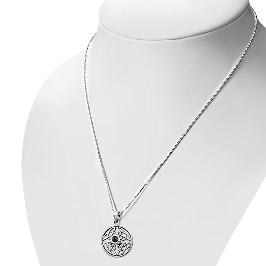 Round Garnet Celtic Knot Silver Pendant