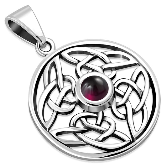 Round Garnet Celtic Knot Silver Pendant