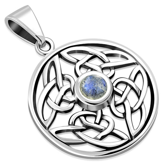 Round Labradorite Stone Celtic Knot Silver Pendant