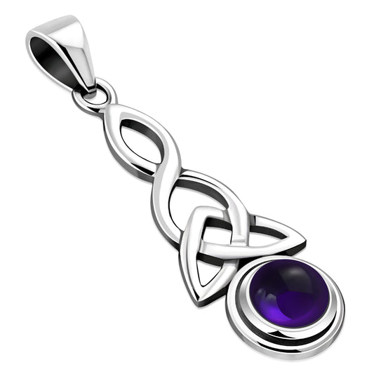 Long Amethyst Stone Celtic Trinity Knot Silver Pendant