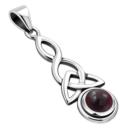 Long Garnet Celtic Trinity Knot Silver Pendant