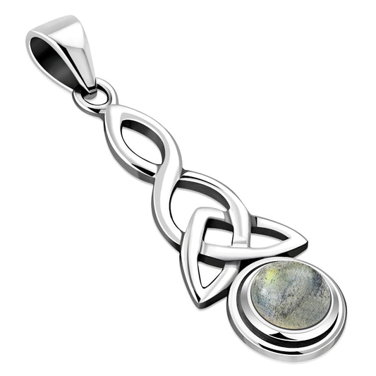 Long Labradorite Celtic Trinity Knot Silver Pendant