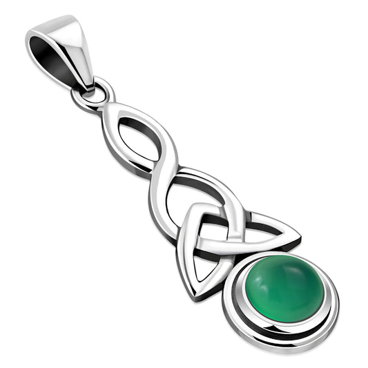 Long Green Agate Celtic Trinity Knot Silver Pendant