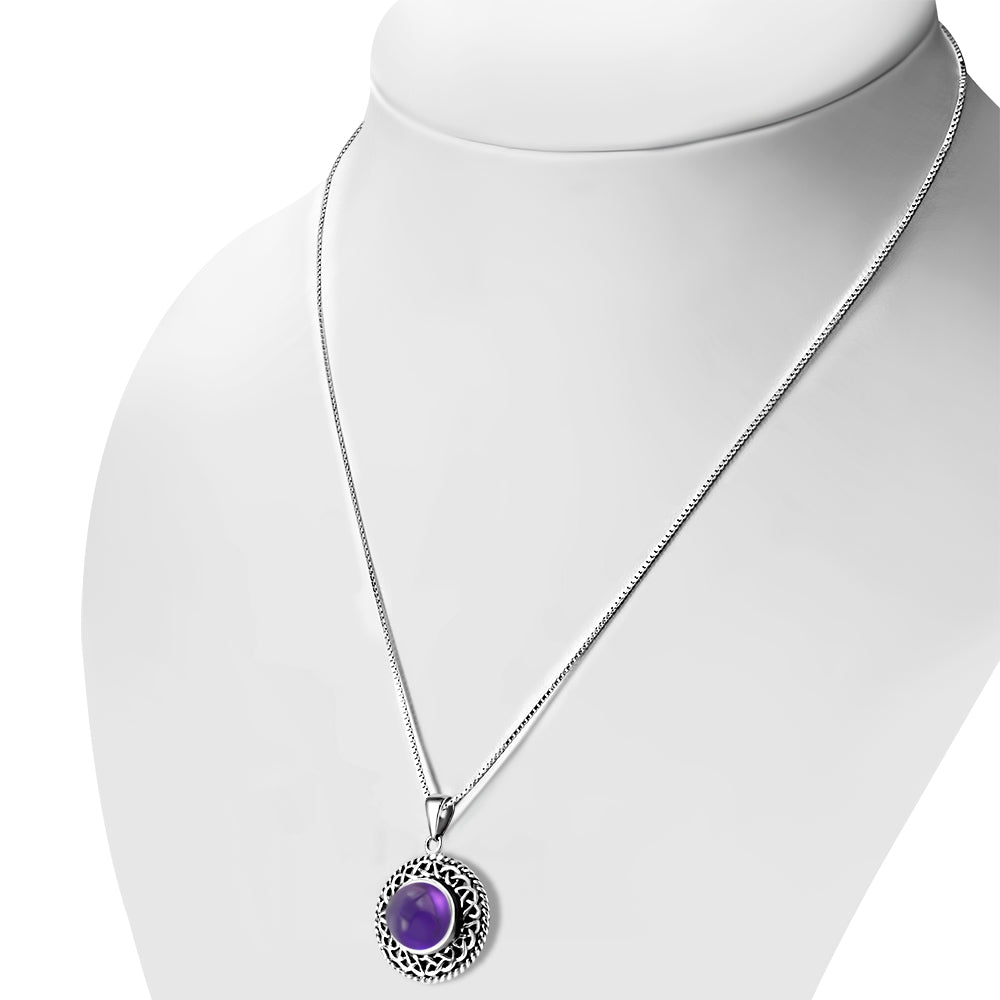 Round Amethyst Stone Celtic Knot Silver Pendant