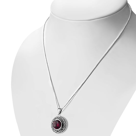 Round Garnet Stone Celtic Knot Silver Pendant