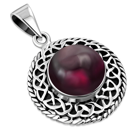 Round Garnet Stone Celtic Knot Silver Pendant