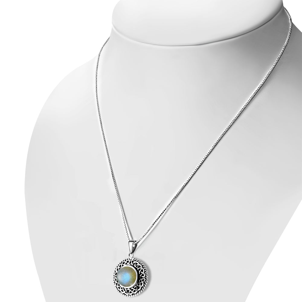 Round Labradorite Celtic Knot Silver Pendant