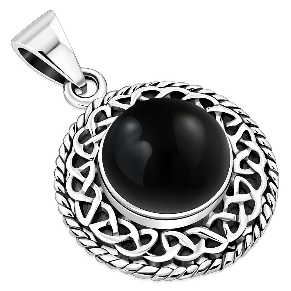 Round Black Onyx Celtic Knot Silver Pendant