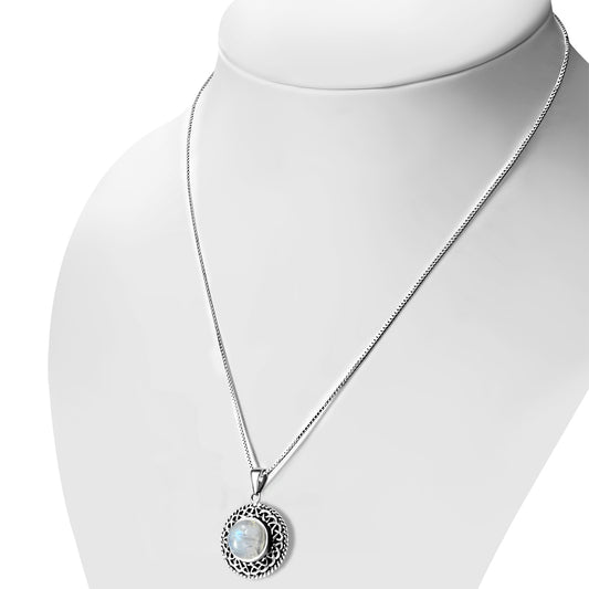 Round Rainbow Moonstone Celtic Knot Silver Pendant