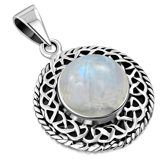 Round Rainbow Moonstone Celtic Knot Silver Pendant