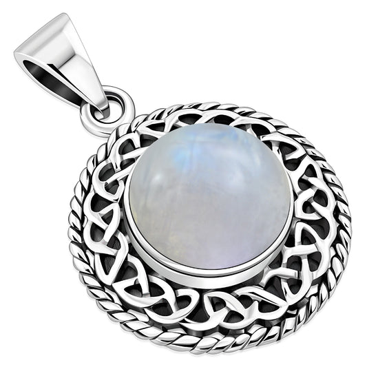 Round Rainbow Moonstone Celtic Knot Silver Pendant
