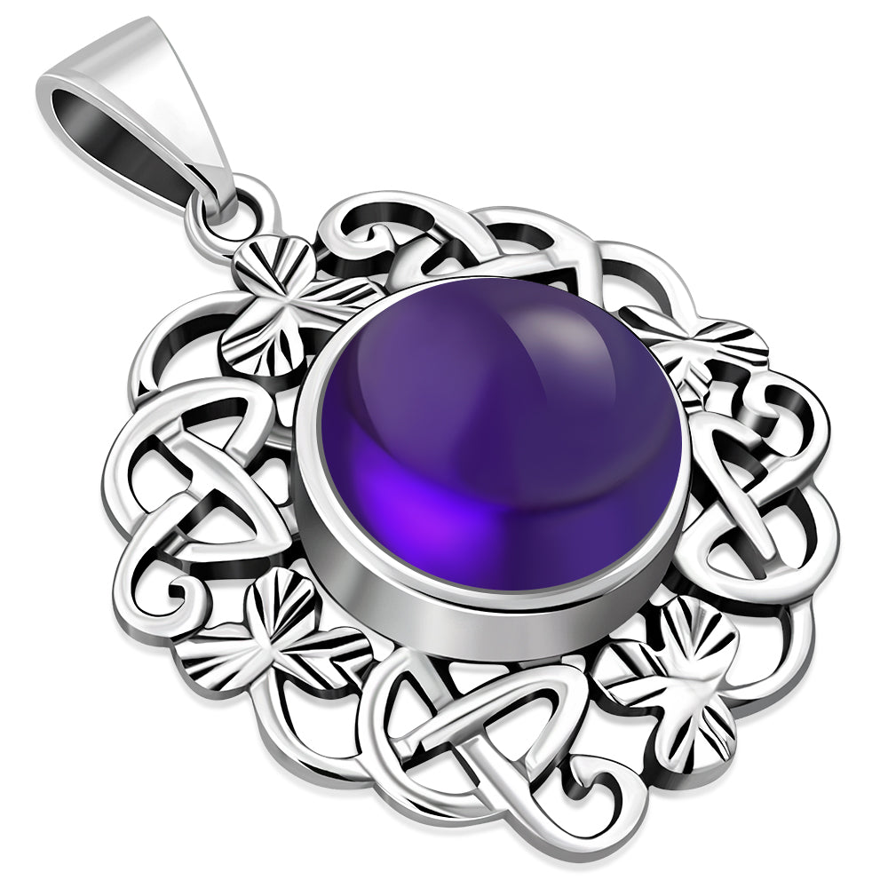 Amethyst Stone Celtic Knot Shamrock leaves Silver Pendant