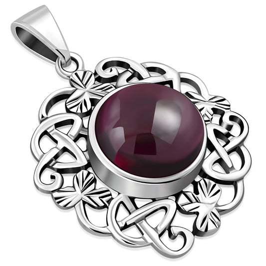 Garnet Stone Shamrock leaves Silver Pendant