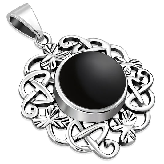 Black Onyx Celtic Knot Shamrock leaves Silver Pendant