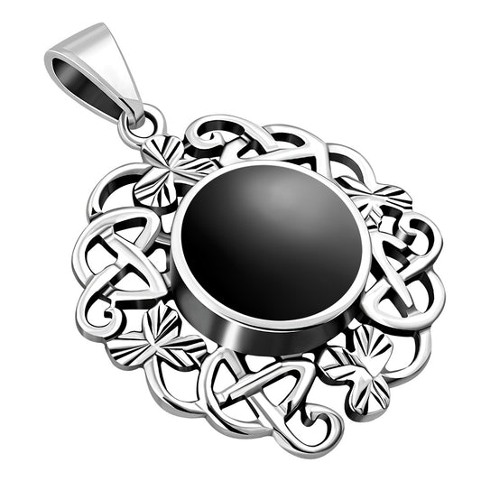 Black Onyx Celtic Knot Shamrock leaves Silver Pendant