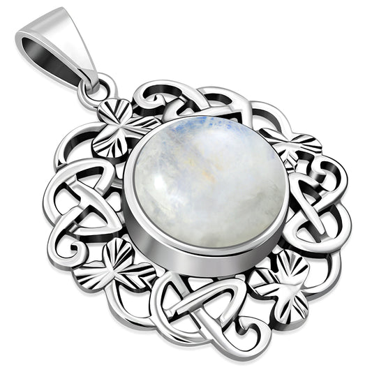 Rainbow Moonstone Celtic Shamrock leaves Silver Pendant