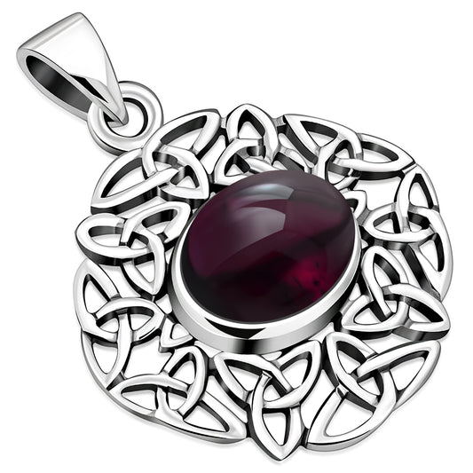 Garnet Stone Trinity Knots Silver Pendant