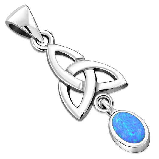 Synthetic Blue Opal Celtic Trinity Knot Silver Pendant