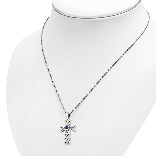 Amethyst Stone Cross Celtic Knot Silver Pendant