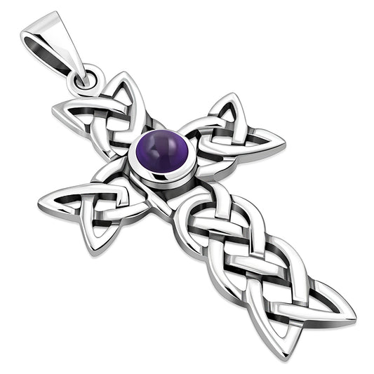 Amethyst Stone Cross Celtic Knot Silver Pendant