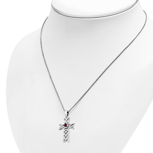 Garnet Stone Cross Celtic Knot Silver Pendant