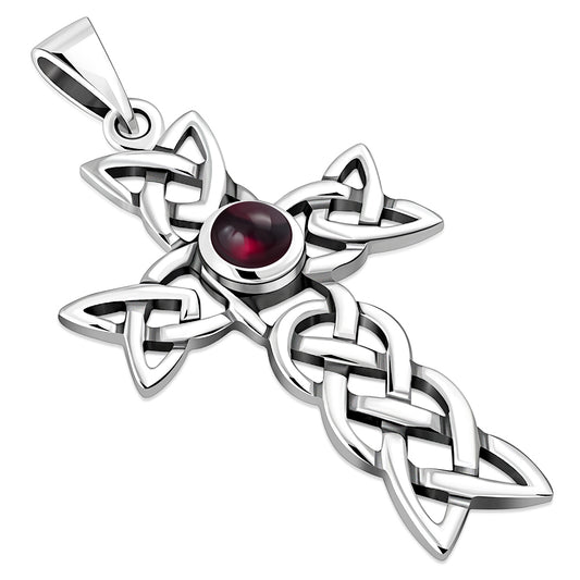 Garnet Stone Cross Celtic Knot Silver Pendant