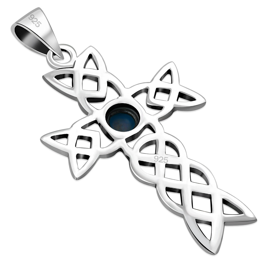 Synthetic Blue Opal Cross Celtic Knot Silver Pendant