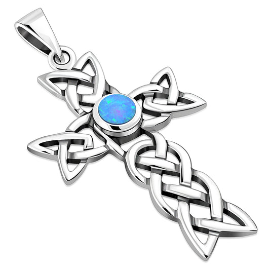 Synthetic Blue Opal Cross Celtic Knot Silver Pendant