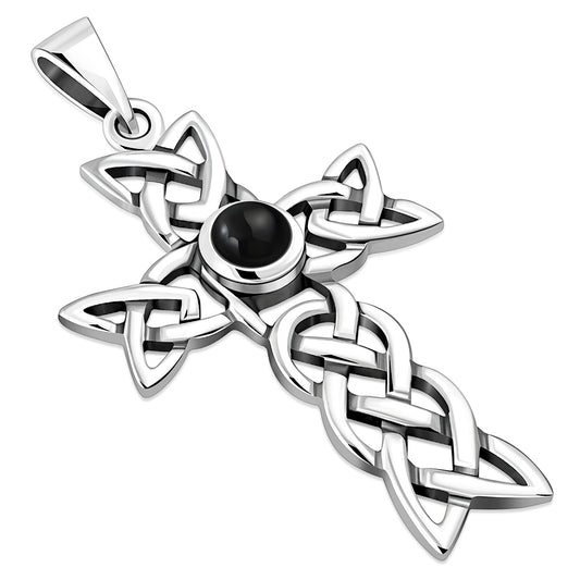 Black Onyx Celtic Knot Cross Silver Pendant