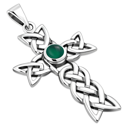 Green Agate Cross Celtic Knot Silver Pendant