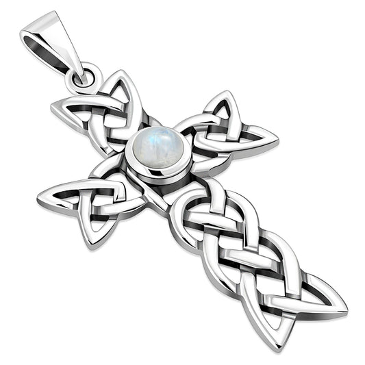 Rainbow Moonstone Cross Celtic Knot Silver Pendant