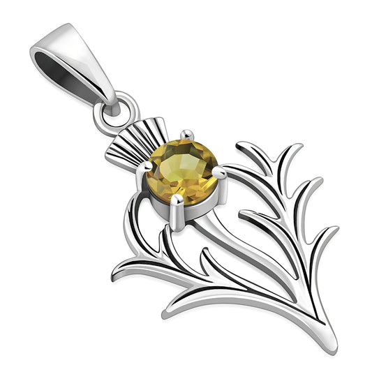 Small Silver Thistle Pendant set w/ Faceted Citrine Stone