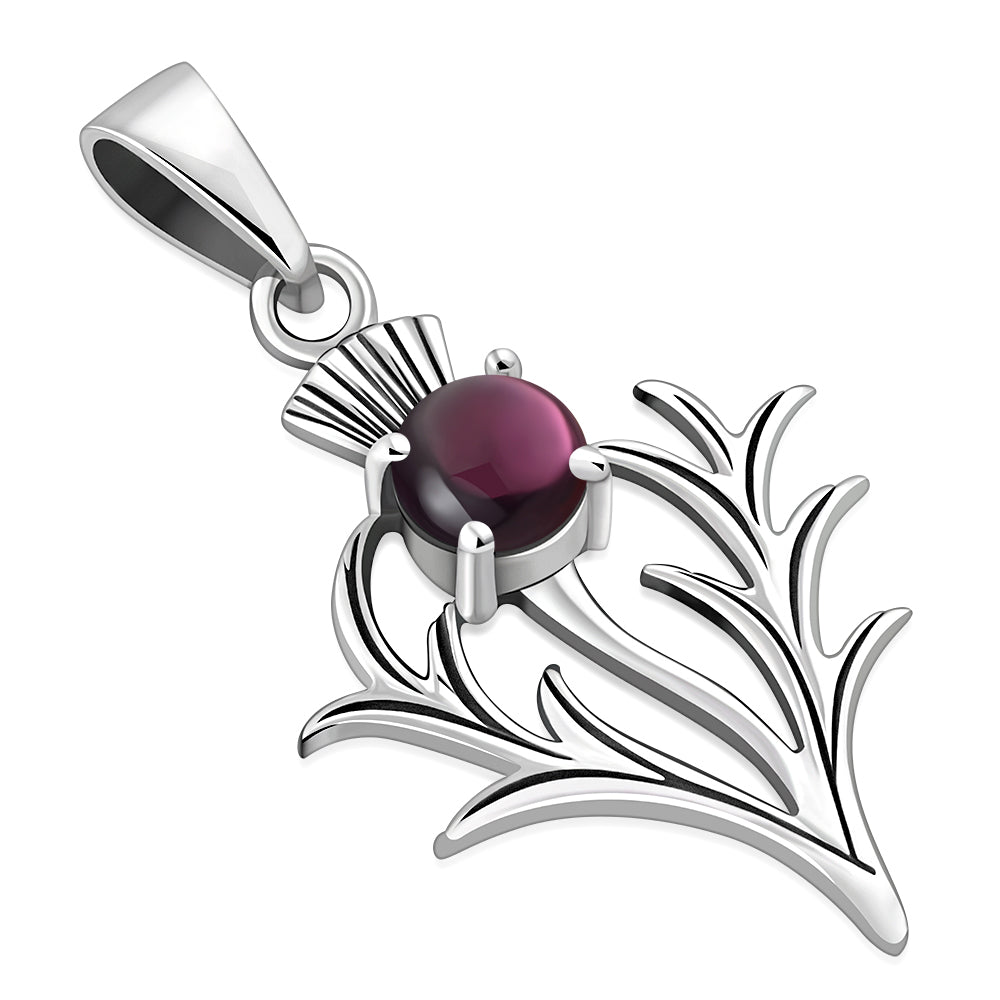 Small Silver Scottish Thistle Pendant set w/ Garnet