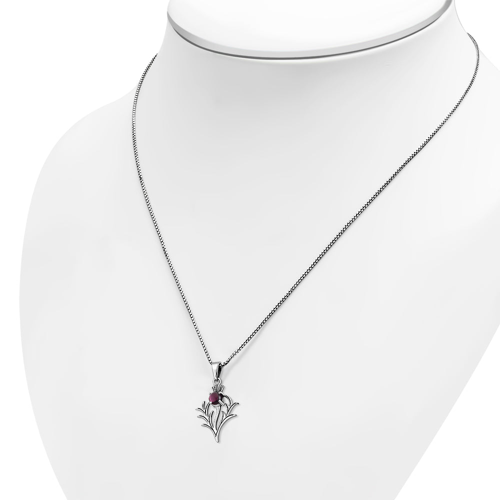 Small Silver Scottish Thistle Pendant set w/ Garnet