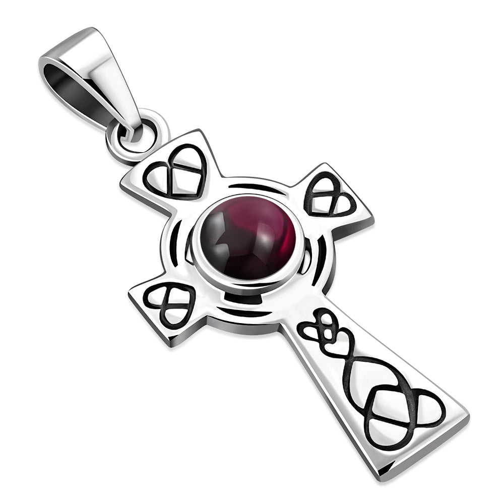 Garnet Stone Celtic Cross Silver Pendant