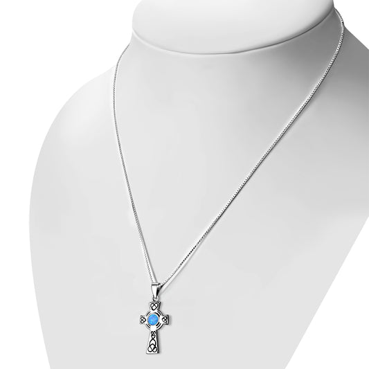 Synthetic Blue Opal Celtic Cross Silver Pendant