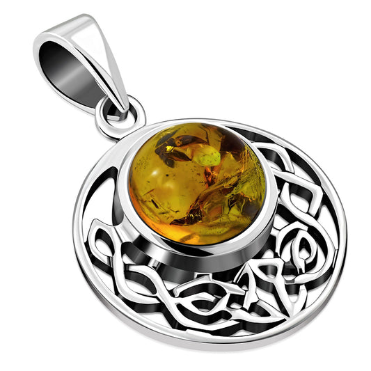 Baltic Amber Round Celtic Knot Silver Pendant