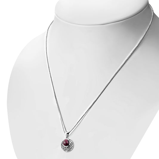 Garnet Round Celtic Knot Silver Pendant