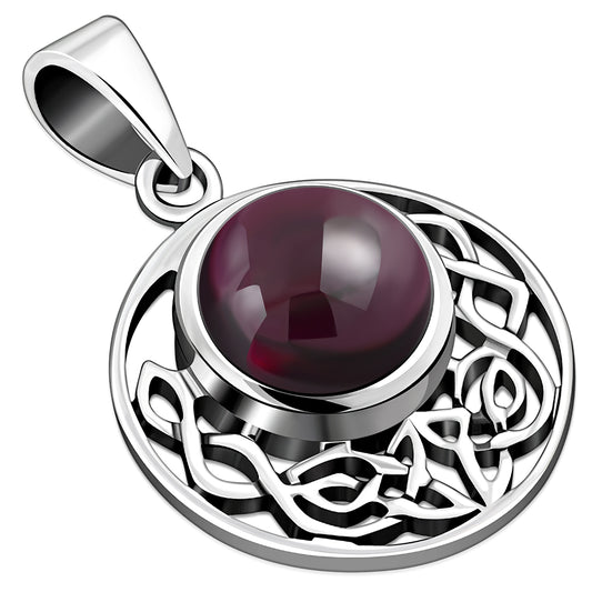 Garnet Round Celtic Knot Silver Pendant