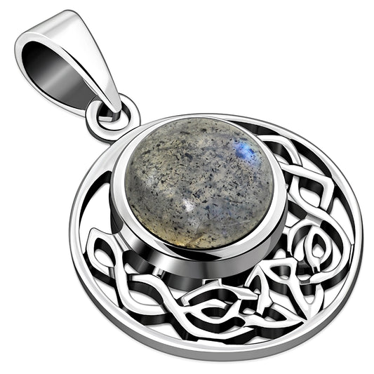 Labradorite Stone Round Celtic Knot Silver Pendant