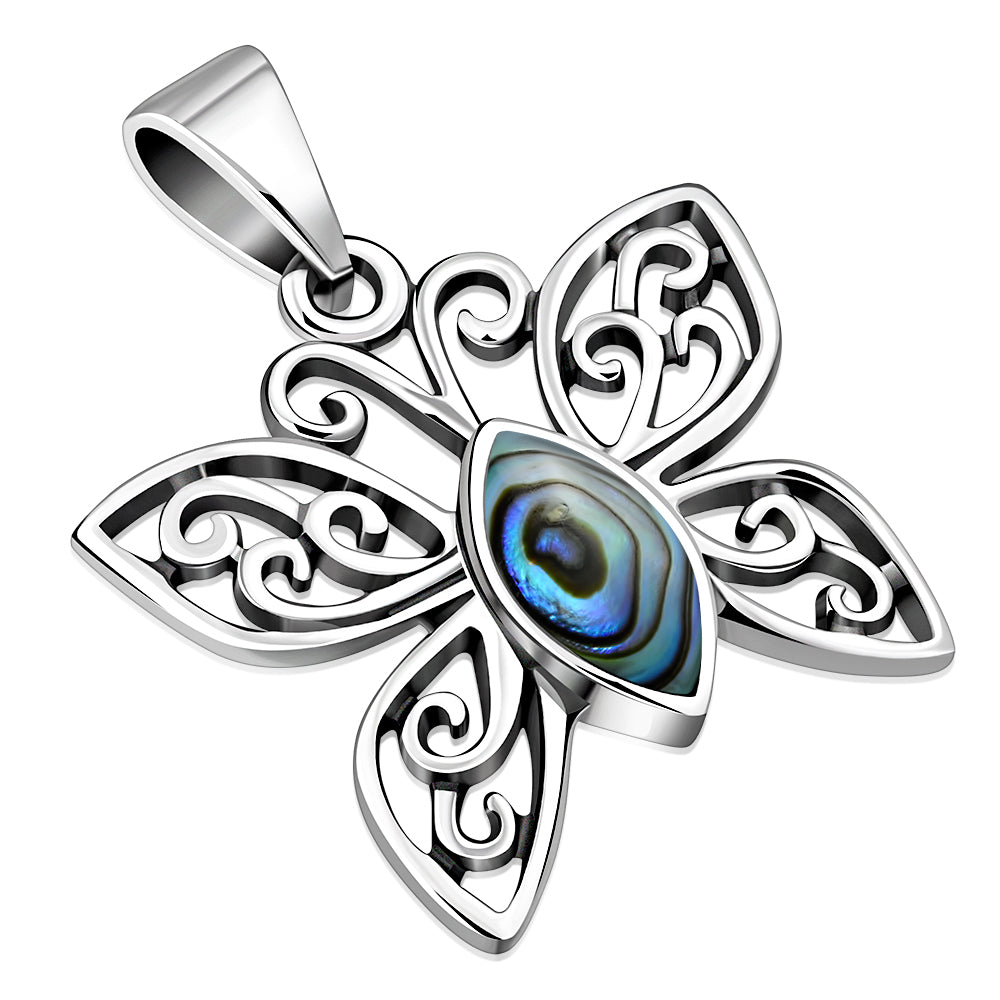 Abalone Shell Butterfly Silver Pendant