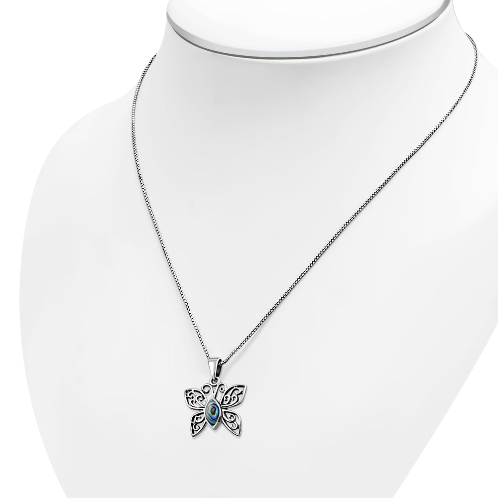 Abalone Shell Butterfly Silver Pendant